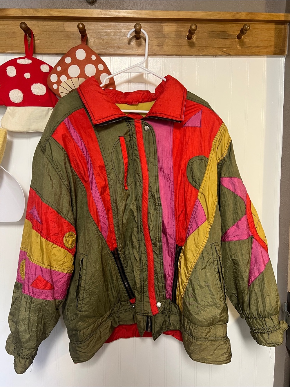 Otello Pelle Colorblock Puffer Jacket - Red, Olive & Mustard with sun detailing